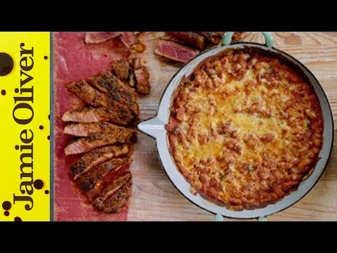 Quick cajun steak with BBQ baked beans: Jamie Oliver