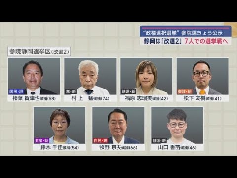YouTube Video 参議院議員選挙公示 2議席を争う静岡選挙区に7人が立候補 17日間の選挙戦に突入