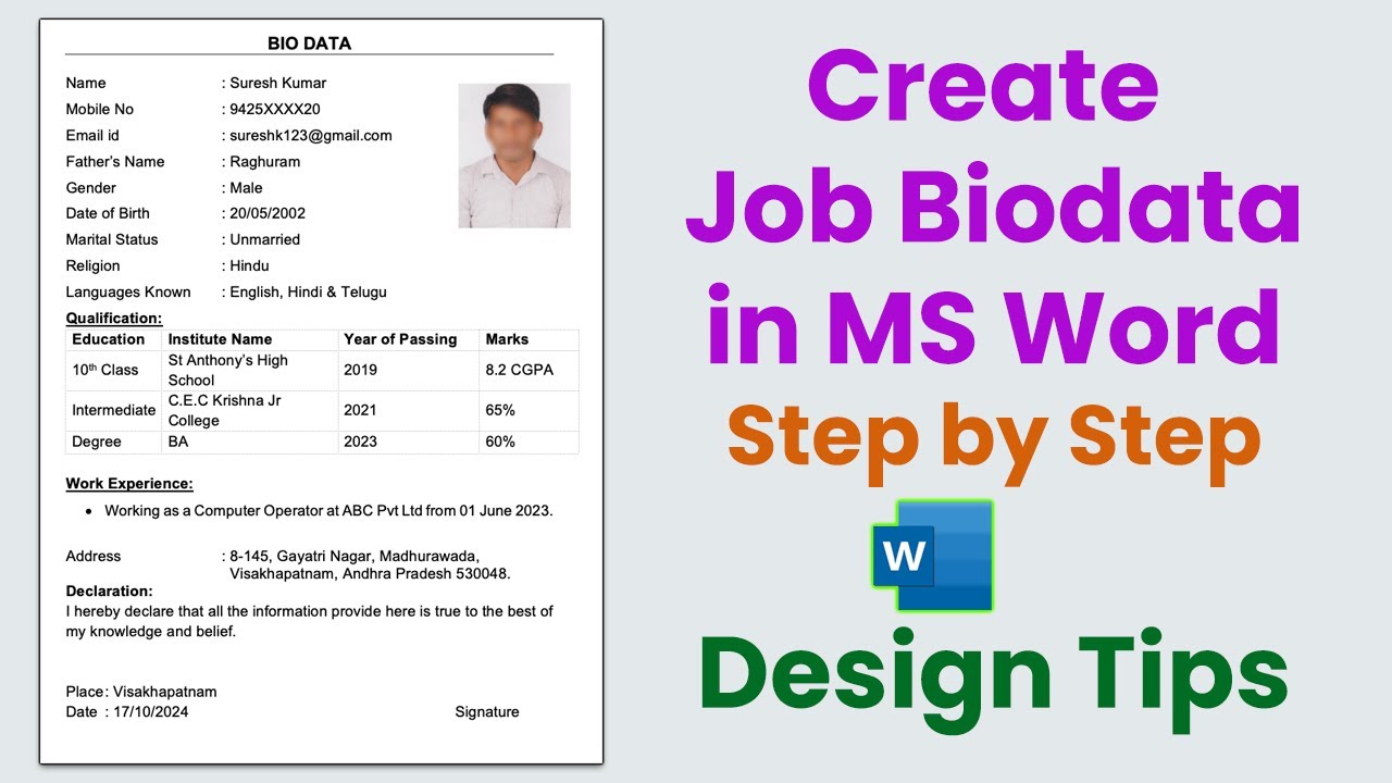 Simple Job Biodata Format in Word | Free Download