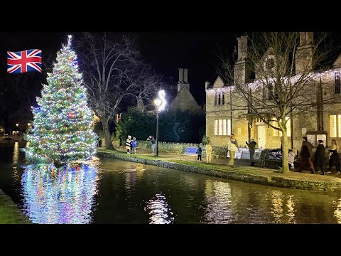 [4K] 🇬🇧 Magical Cotswolds Christmas Lights | Bourton-on-the-Water Night Walk