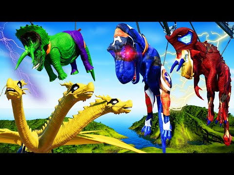 Nasutoceratops Vs Captain America T-Rex,Spiderman Dinosaurs Fighting 🌍 Jurassic World Evolution
