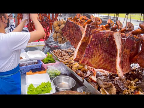 Beautiful lady cutting roast duck & chop meat best Street food in Cambodia