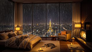 🎶 Rainy Paris Bedroom Jazz 🌧️🔥 Cozy Fireplace, City Lights & Deep Night Relaxation
