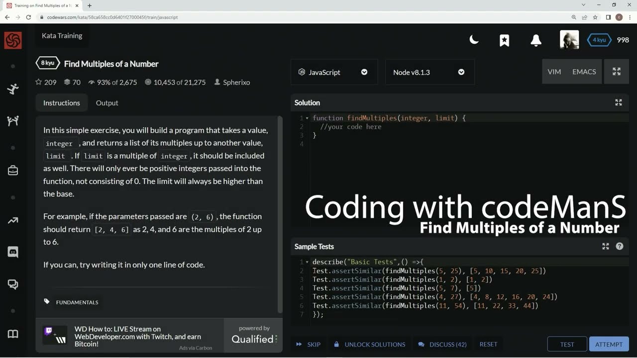Codewars 8 kyu Find Multiples of a Number Javascript