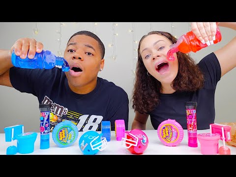 PINK VS BLUE FOOD CHALLENGE, HONEY JELLY, HUBBA BUBBA GUM RACE, GUMMY ROLL CANDY MUKBANG
