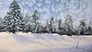 Simple Winter Landscape in Watercolor | Salt Snow Effect
