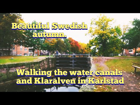 Walking in beautiful autumn Karlstad, Sweden. Amazing colours and water canals in September
