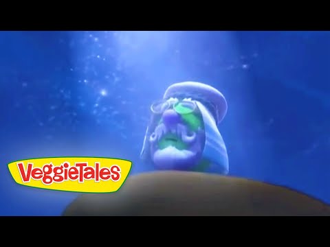Blue underwater scene with a purple-faced, white-robed VeggieTales character looming over a hill; VeggieTales logo in the bottom-left corner.