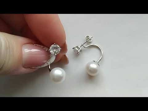 Серебряные серьги-трансформеры 2 в 1 с китайским белым жемчугом 9 мм и фианитами класса ААА - фото 2 - id-p2890102055