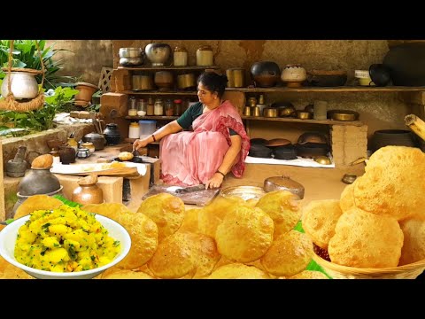 Village cooking Wheat Puri & Bhaji recipes | Village Kitchen| Village tradition