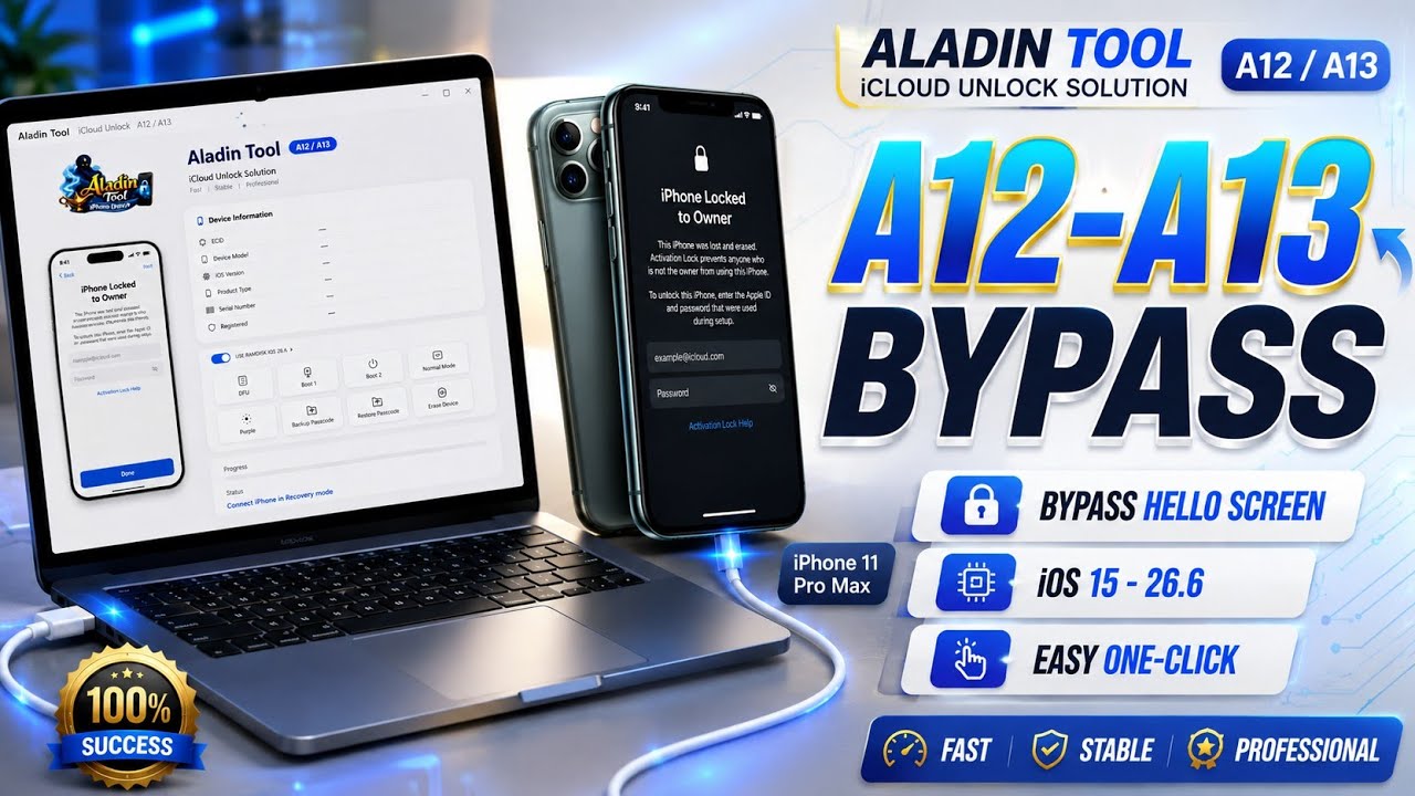 Aladin Tool A12-A13 Ramdisk Hello Screen Bypass | iPhone XR–11 Pro Max - iOS 26.6+ Supported