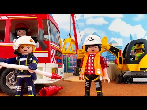 Playmobil City Action Fire at Construction Site: Fire Engine, Fire Fighters, Emergency Toys for Kids