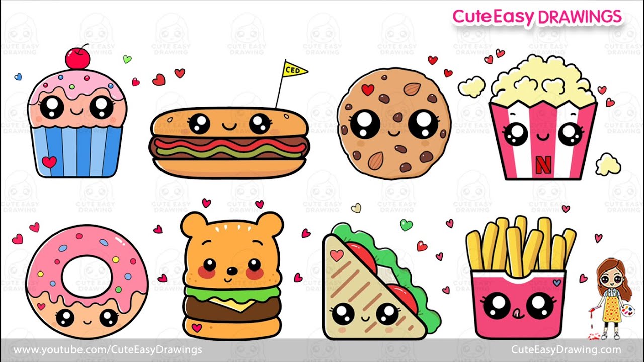 1-Hour of Cute Easy Snacks Drawing for Kids | cupcake, cookie, popcorn, donut, fries, and more!
