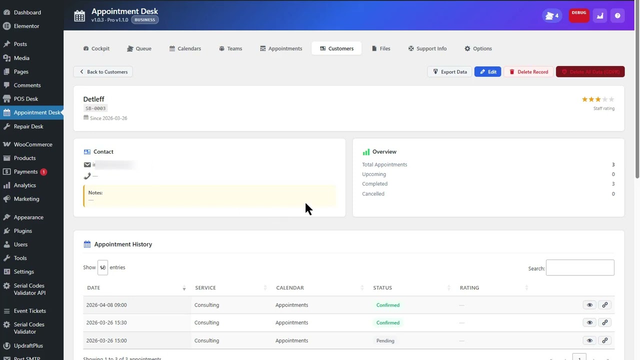 Built-In Customer CRM in WordPress — History, GDPR & Ratings - Vollstart Appointment Desk Tour