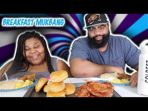 BREAKFAST MUKBANG| PORK CHOPS, CHEESY GRITS, SCRAMBLED...