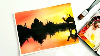 Watercolor Painting of a SUNSET/ SILHOUETTE Camel and Reflection in Jamuna River