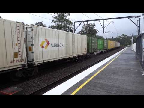 Three freight trains in the rain at Narara - 4/1/16
