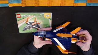 YouTube thumbnail: LEGO Creator 3 in 1 Supersonic Jet 31126 build and review. Big fan of the colors and details.