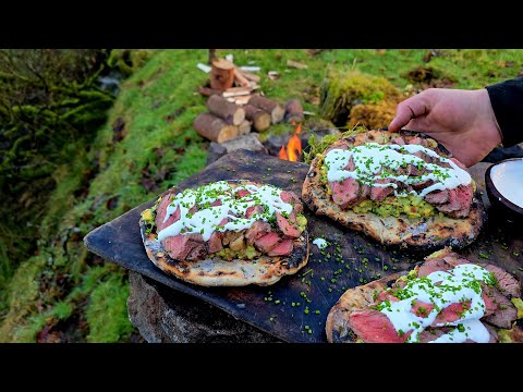 Caveman Style New York Strip & Flat Bread Cooked in Wilderness