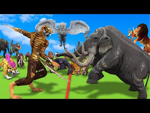 Epic Fight Saber Tooth Tiger DEATH RUN vs Lion Elephant vs Dinosaur Animal Revolt Battle Simulator