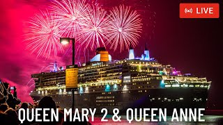 SHIPS TV - FIREWORKS Cunard Queen Mary 2 & Queen Anne Cruise Ship Departing Port Southampton (LIVE)
