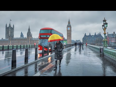 A Rainy London Morning Walk along South Bank from Tower Bridge to Big Ben & Trafalgar Square | 4K