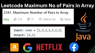YouTube video '2341 Leetcode Maximum Number of Pairs in Array Solution in Java | LEETCODE | 2341 | Problem Solving'