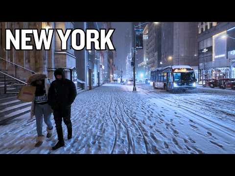 4K NYC Night Walk ❄️ Freezing Cold Snowy Manhattan