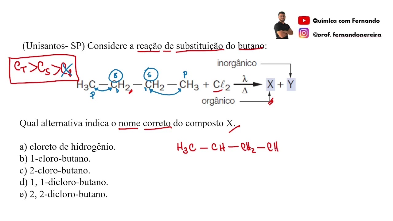 (Unisantos-SP) Considere a reação de substituição do butano.