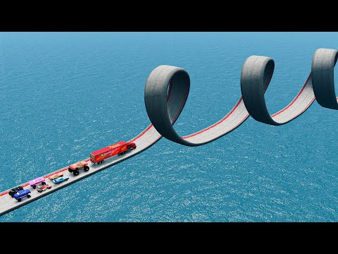 Mcqueen Cars vs Impossible Triple Loop Bridge Crossing Cars Vs Deep Water - BeamNG.Drive