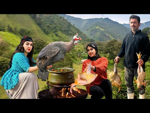 Village Recipe From IRAN : Cooking Traditional Guineafowl Stew With Vegetables in a Gamaj Pot