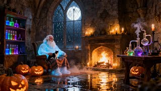 Magical Halloween Night in the Wizard’s Study — Rain Crackling Fire Ambience | Cozy Relaxing Sounds