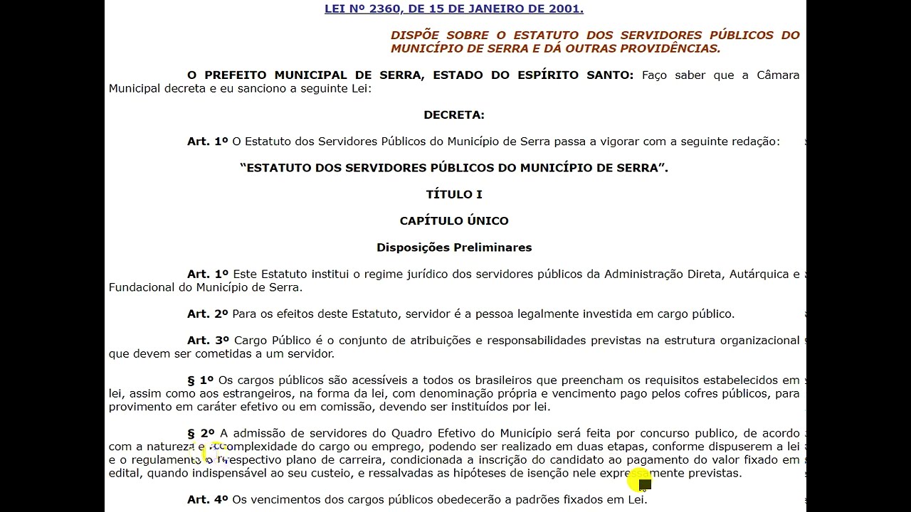 LEITURA DO ESTATUTO DOS SERVIDORES PÚBLICOS DO MUNICÍPIO DE SERRA ES - PARTE 1