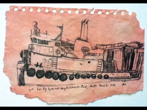1991 Foss tugboat pencil sketch, Seattle waterfront by Magnolia bridge © A.K. Segan