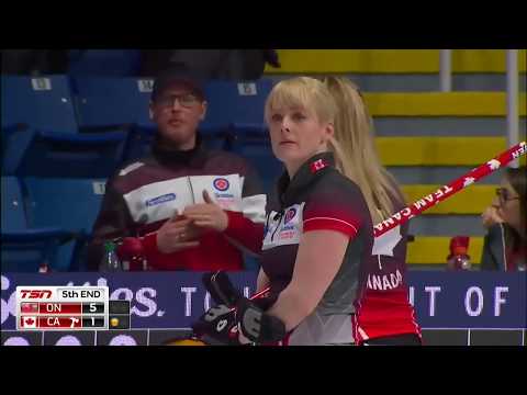 #stoh2019 Jennifer Jones breaks her broom protecting the hack from Rachel Homan's rocket