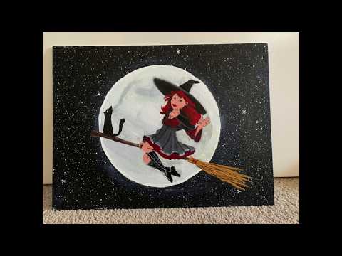 How to paint a witch flying near the moon easy halloween painting tutorial.