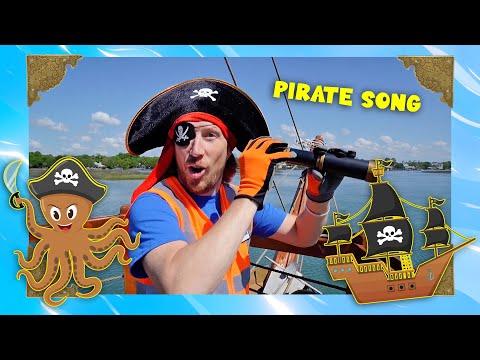 Pirate-themed YouTube thumbnail: man on a boat wearing a pirate hat, eyepatch, and vest, holding a telescope with cartoon octopus and pirate ship illustrations nearby; 'PIRATE SONG' text appears.