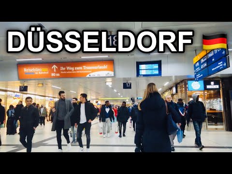 [4K] Tour pela estação ferroviária na Alemanha 2020 - Estação principal de Dusseldorf - Estação ferroviária em um dia nublado