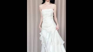 JIYON - Spaghetti Strap Plain Ruffle Ruched A-Line Evening Dress