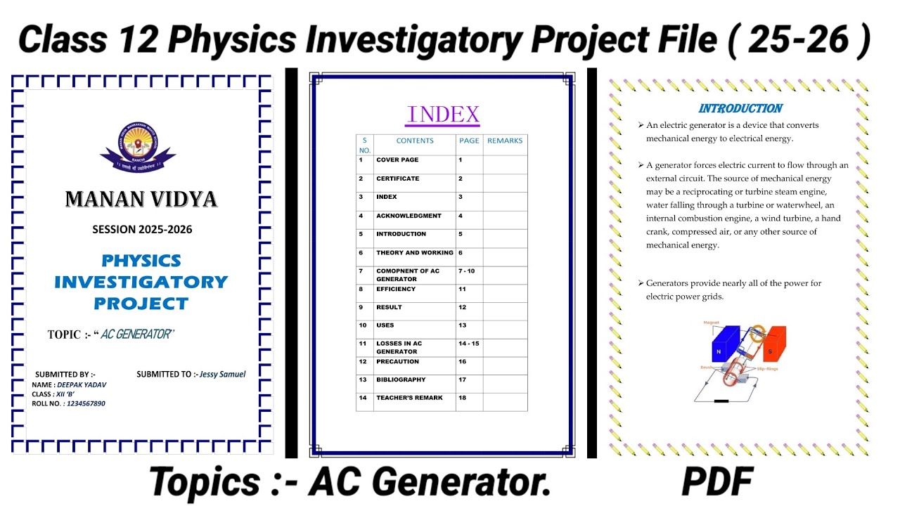 Class 12 Physics Project File | AC Generator | CBSE 2025-26 PDF Download | #Physics #CBSE #Project