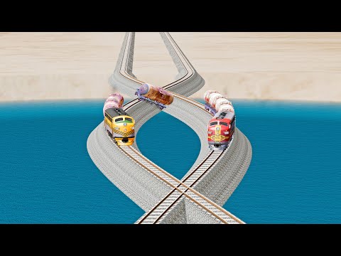 Impossible Helical Shaped Rail Tracks vs Trains crossing-Beamng Drive