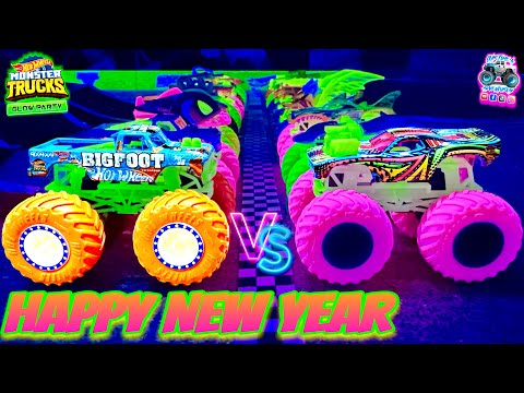 Toy Diecast Monster Truck Racing Tournament | HotWheels Glow in the Dark HAPPY NEW YEARS RACE
