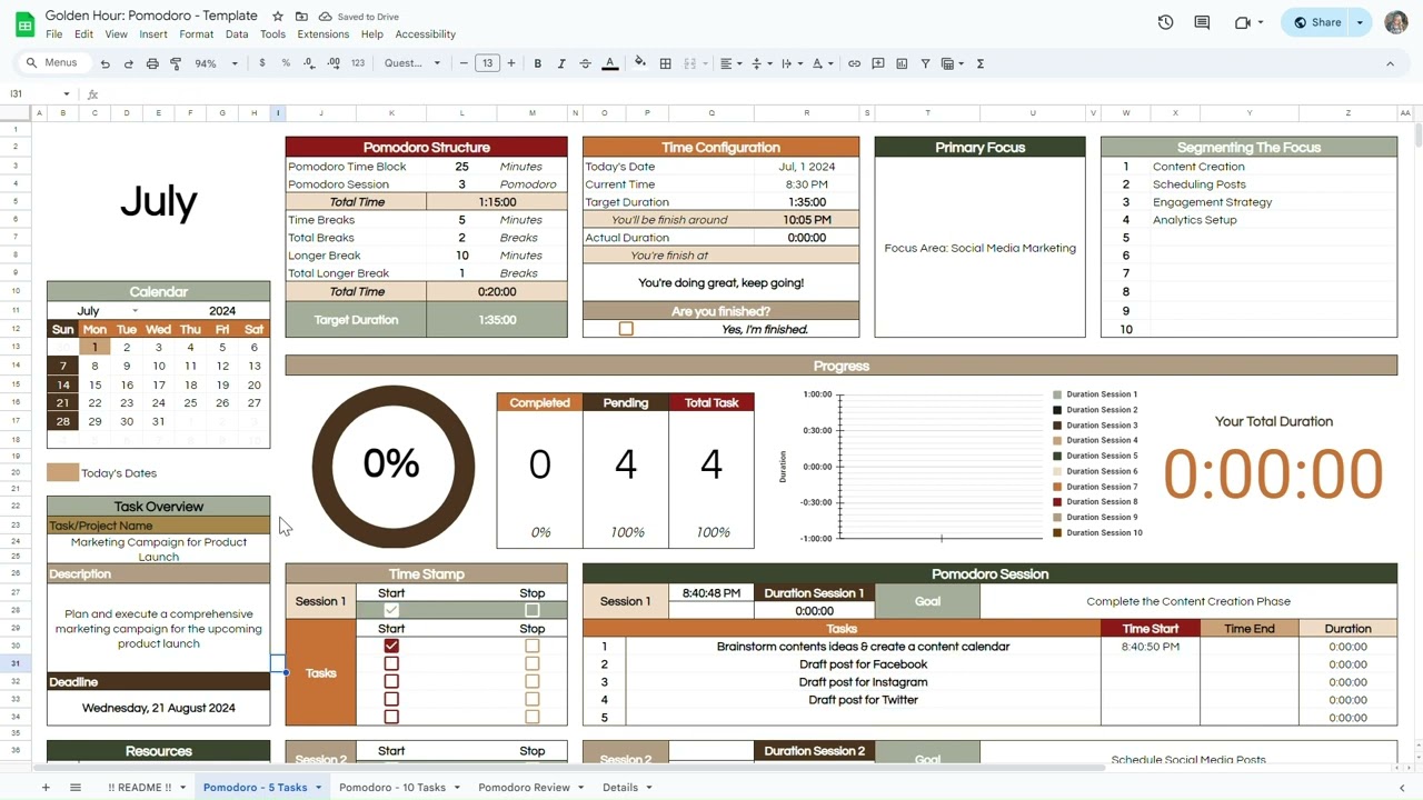 Digital+Goodsf - Golden Hour: Pomodoro | Pomodoro Planner, Tracker and Review | Google Spreadsheets