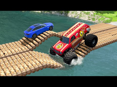 Cars vs 2 Log Bridges and Deep Water - BeamNG.Drive