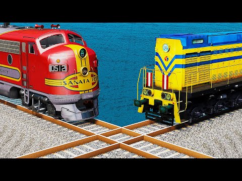 Train vs Train vs Impossible Overlapping Rails Crossing Deepwater - BeamNG.Drive