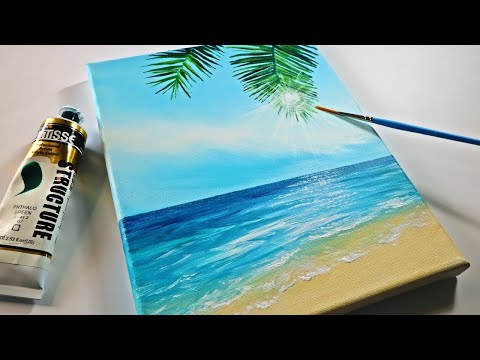 Easy Beach Acrylic Painting for Beginners 🌴🌞Tropical Ocean Painting Tutorial Step by Step