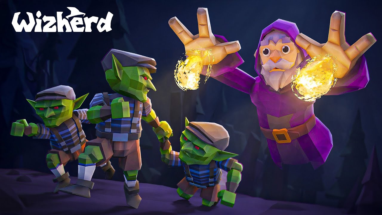 Wizherd key art showing a purple-robed wizard casting fire from both hands against low-poly goblins