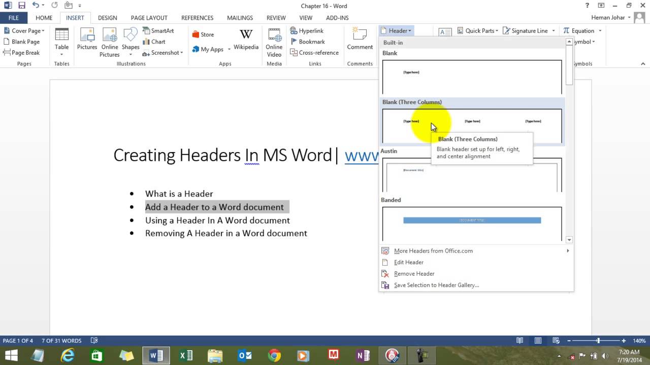 Learn MS Word Create Header Chapter 16