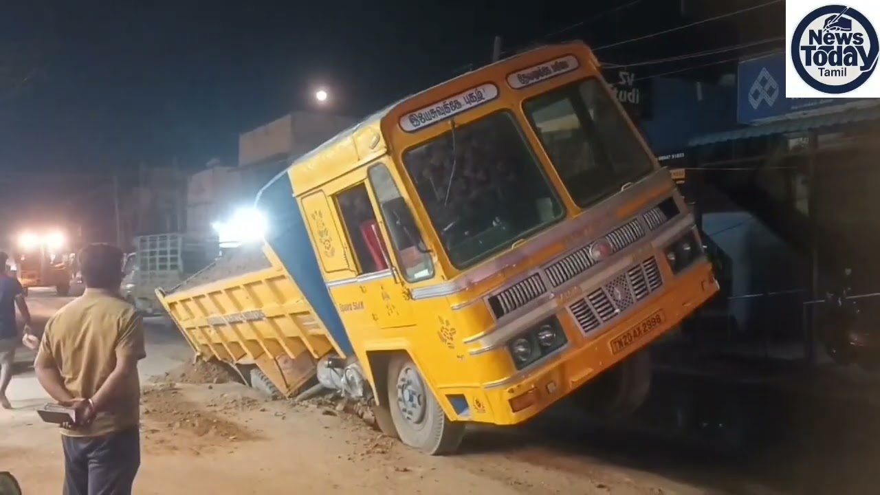 மடிப்பாக்கத்தில் கழிவுநீர் குழாய் பதிக்க தோண்டிய பள்ளத்தை சரிவர மூடாததால் மணல் லாரி சிக்கியது.!