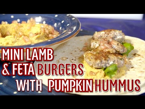 Mini Lamb & Feta Burgers with Pumpkin Hummus - Soul...